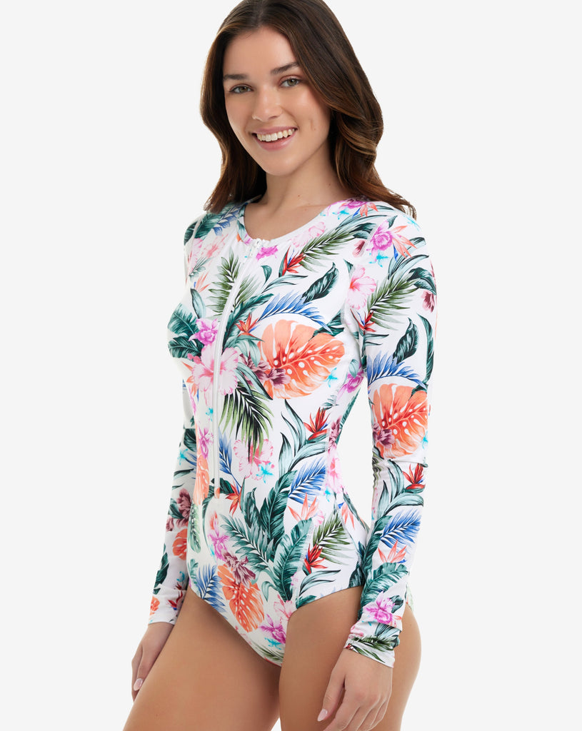 Women wearing Hawaiian Terrace flower print long sleeve paddlesuit with zipper. (Style 24350J) - BloqUV