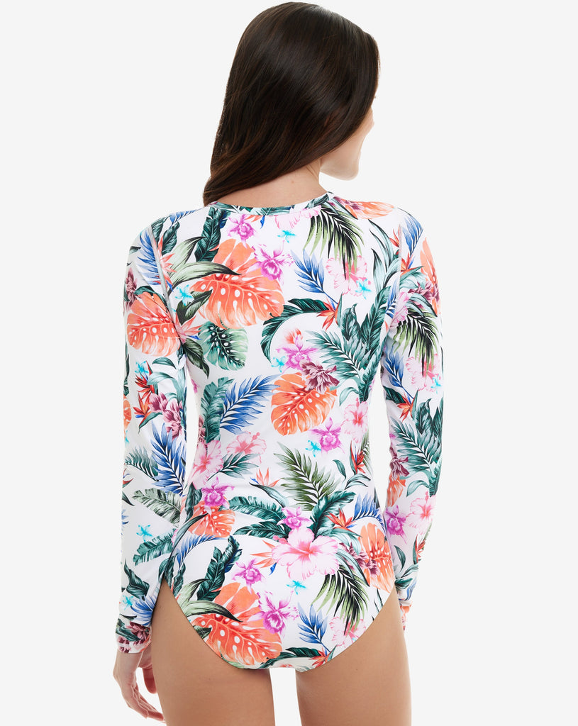 Women wearing Hawaiian Terrace flower print long sleeve paddlesuit with zipper. Picture shows the back.  (Style 24350J) - BloqUV