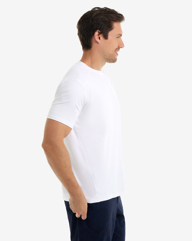 Man wearing short sleeve crew shirt in white. (Style 11002) - BloqUV