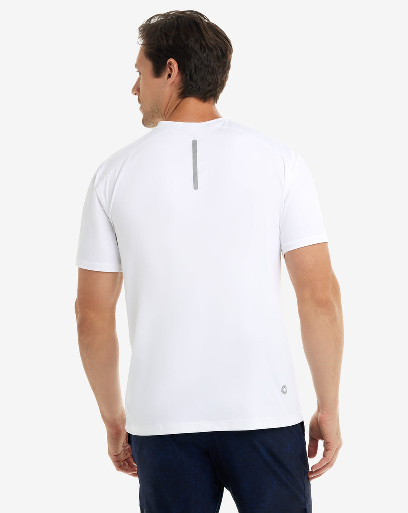 Man wearing short sleeve crew shirt in white. Picture shows reflective in back of shirt. (Style 11002) - BloqUV