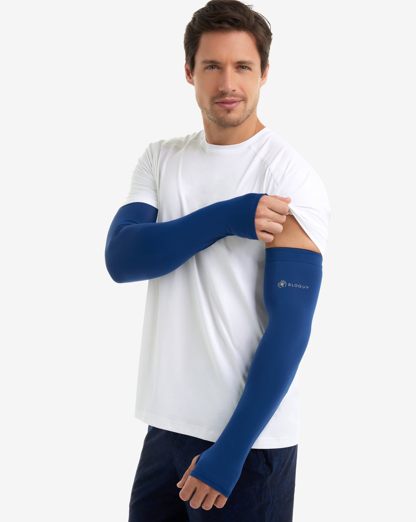 Man wearing navy color unisex sleeves with short sleeve white crew. (Style 5005) - BloqUV