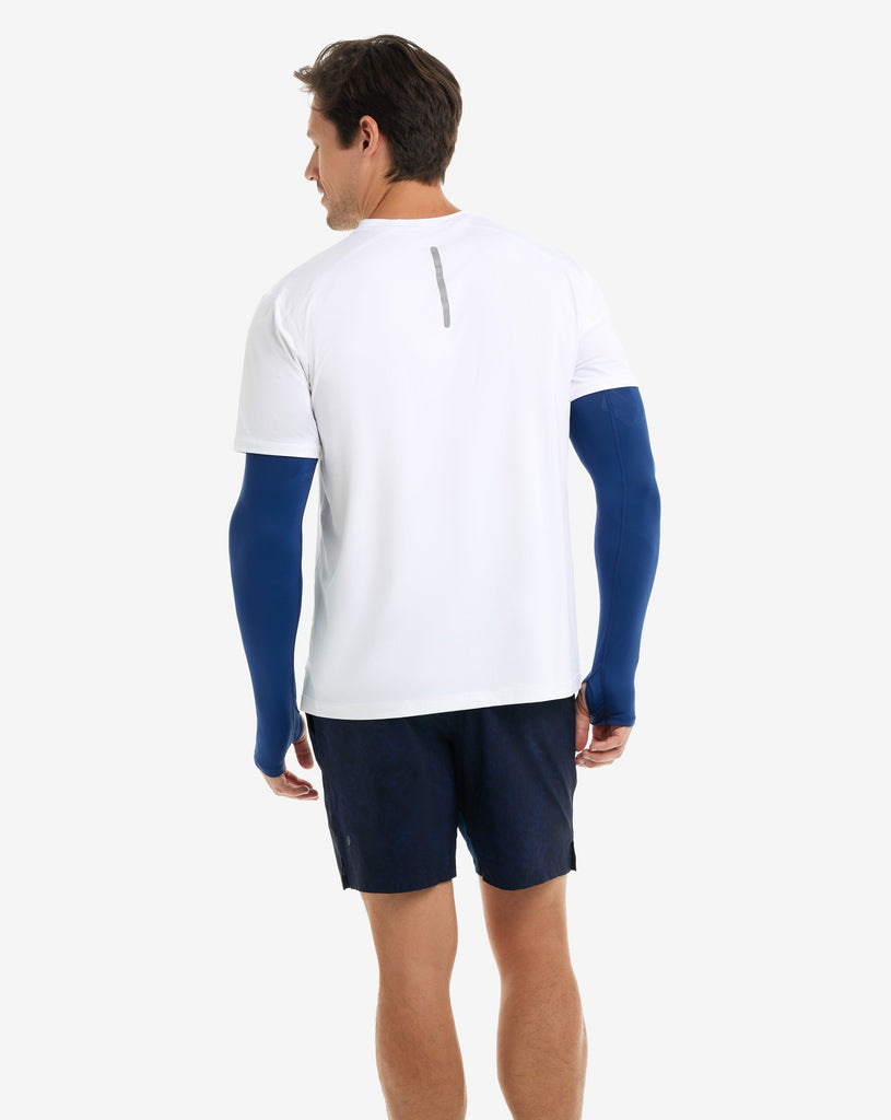 Man wearing navy color unisex sleeves with short sleeve white crew. (Style 5005) - BloqUV