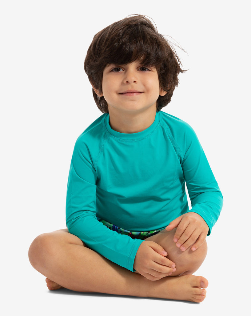 Toddler boy wearing caribbean blue crew neck top. (Style 1005T) - BloqUV