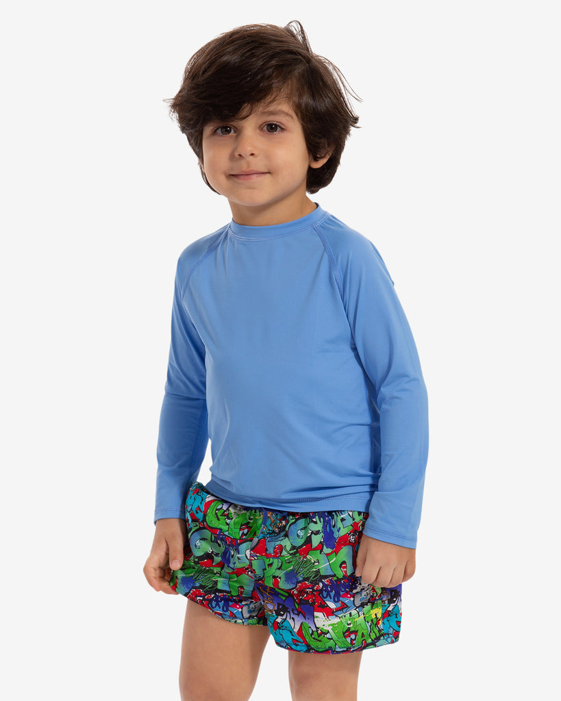 Toddler boy wearing indigo crew neck top. (Style 1005T) - BloqUV