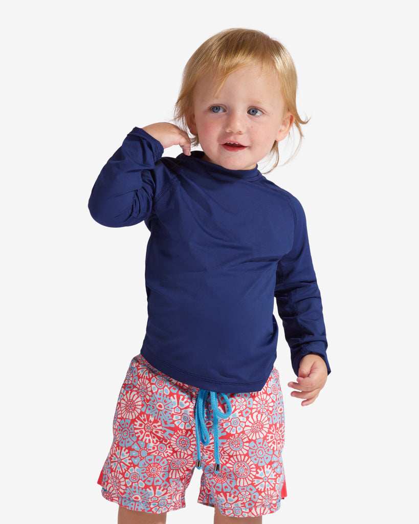 Toddler boy wearing navy crew neck top. (Style 1005T) - BloqUV