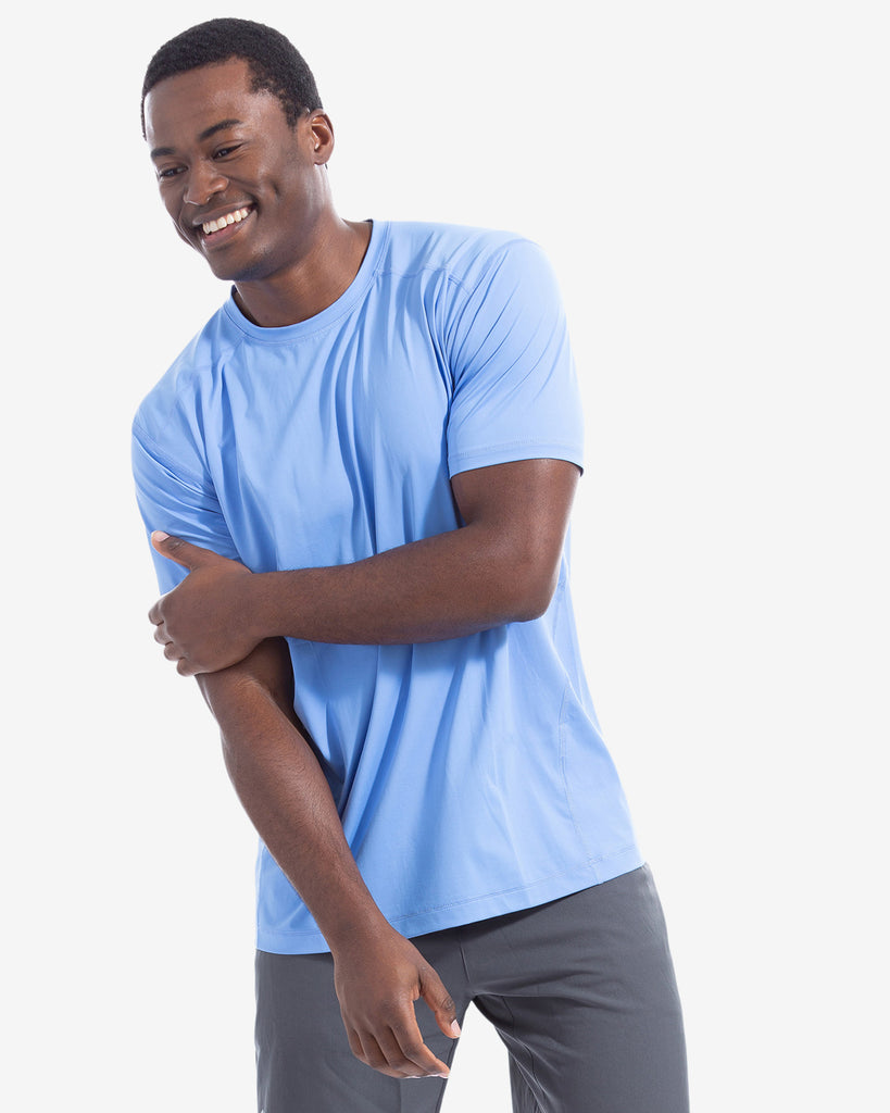 Man wearing short sleeve crew shirt in indigo (Style 11002) - BloqUV