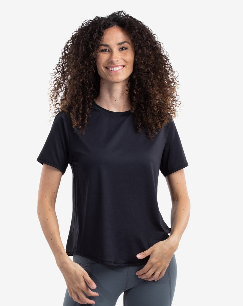 Women wearing black short sleeve crew top with and smoke tights. (Style 1101) - BloqUV