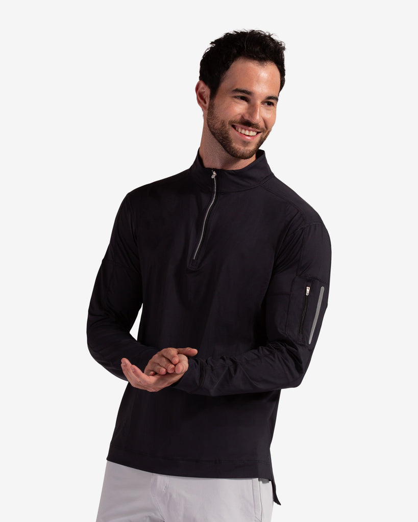 Man wearing long sleeve mock zip shirt in black (Style 12001) - BloqUV