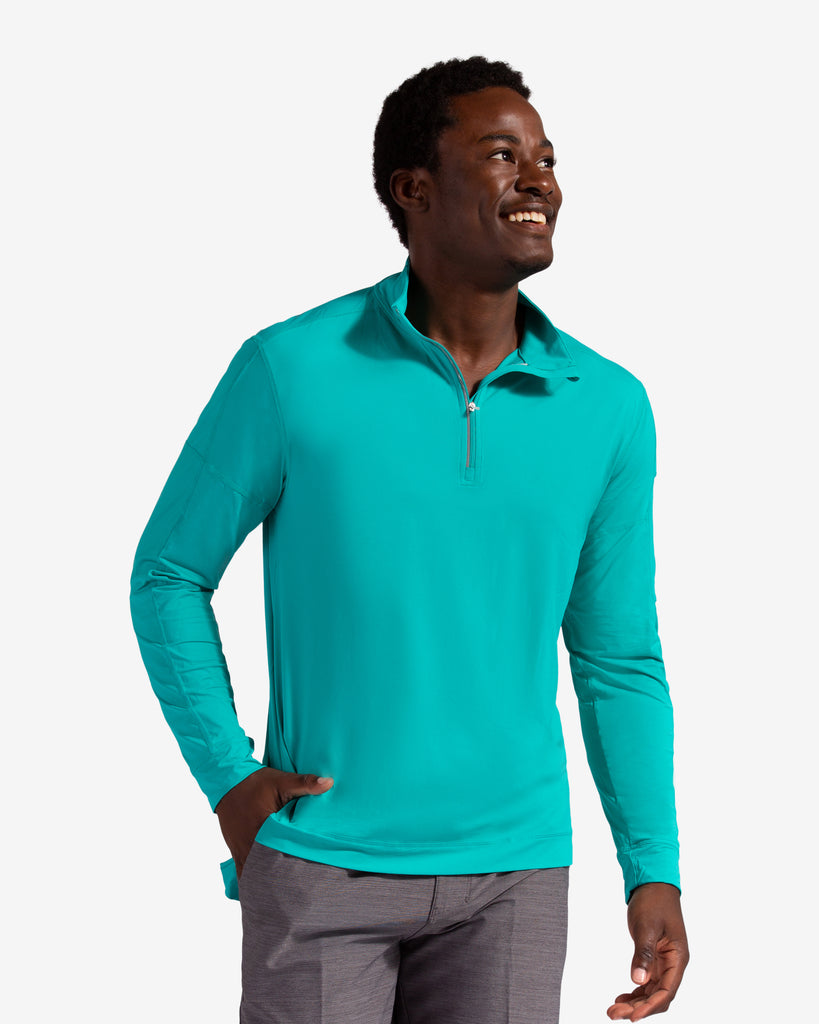 Man wearing long sleeve mock zip shirt in caribbean blue (Style 12001) - BloqUV
