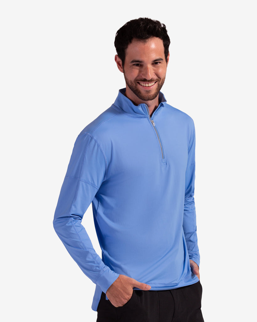 Man wearing long sleeve mock zip shirt in indigo (Style 12001) - BloqUV
