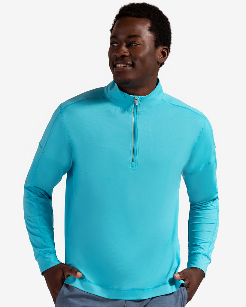 Man wearing long sleeve mock zip shirt in light turquoise (Style 12001) - BloqUV