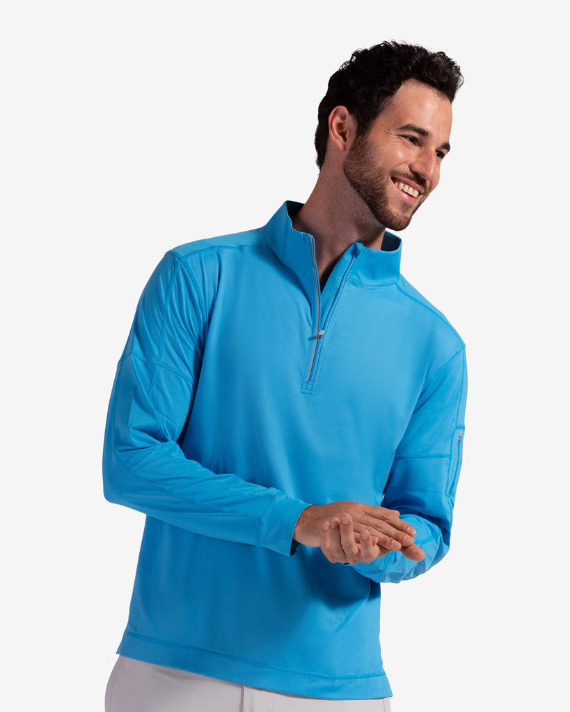 Man wearing long sleeve mock zip shirt in ocean blue (Style 12001) - BloqUV