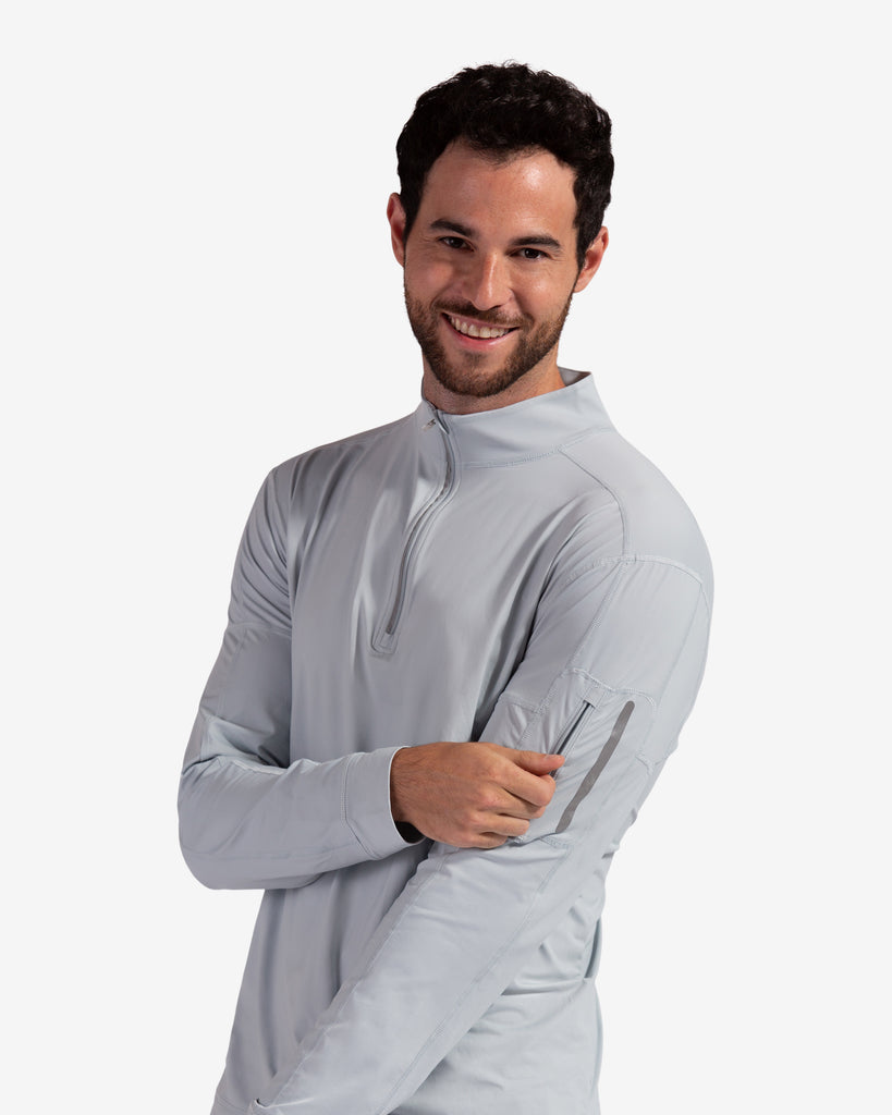 Man wearing long sleeve mock zip shirt in soft grey (Style 12001) - BloqUV
