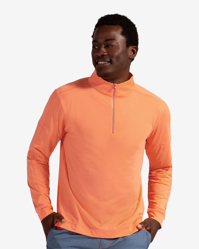 Man wearing long sleeve mock zip shirt in tangerine (Style 12001) - BloqUV