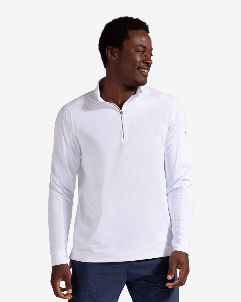 Man wearing long sleeve mock zip shirt in white (Style 12001) - BloqUV