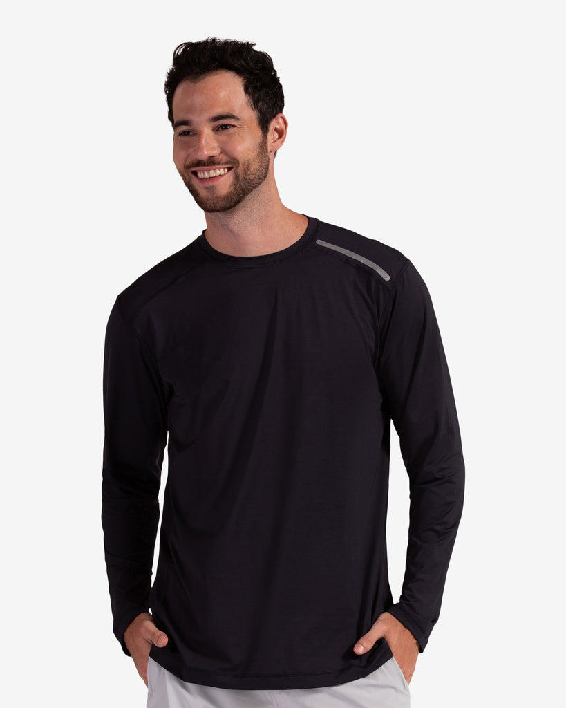 Man wearing long sleeve jet tee shirt in black. (Style 12002) - BloqUV