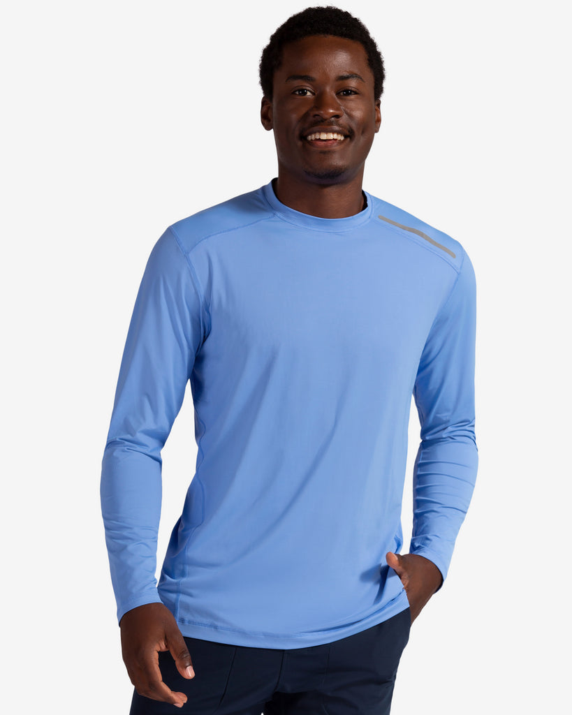 Man wearing long sleeve jet tee shirt in indigo. (Style 12002) - BloqUV