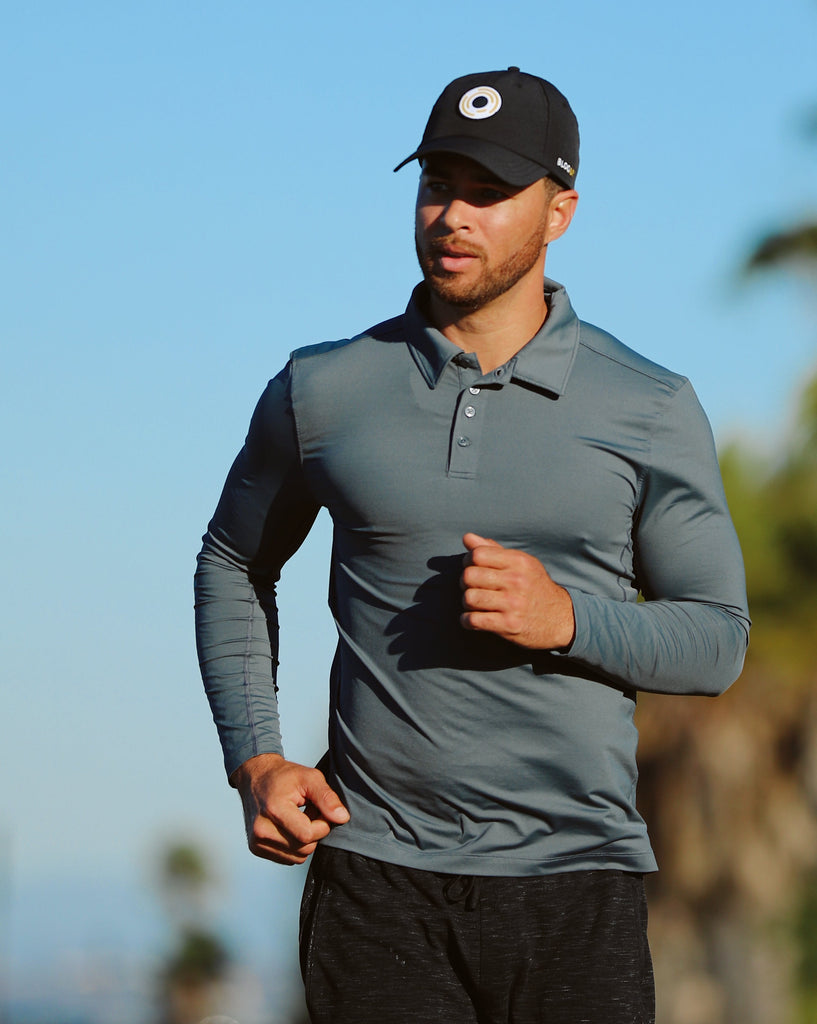 Man running outdoors in long sleeve collared shirt in smoke (Style 12004) - BloqUV