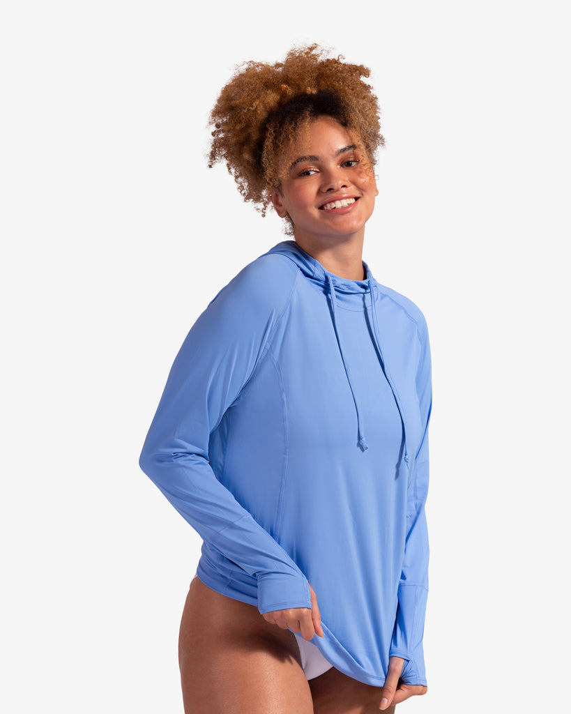 Women wearing indigo blue color unisex long sleeve hoodie shirt. (Style 12007) - BloqUV