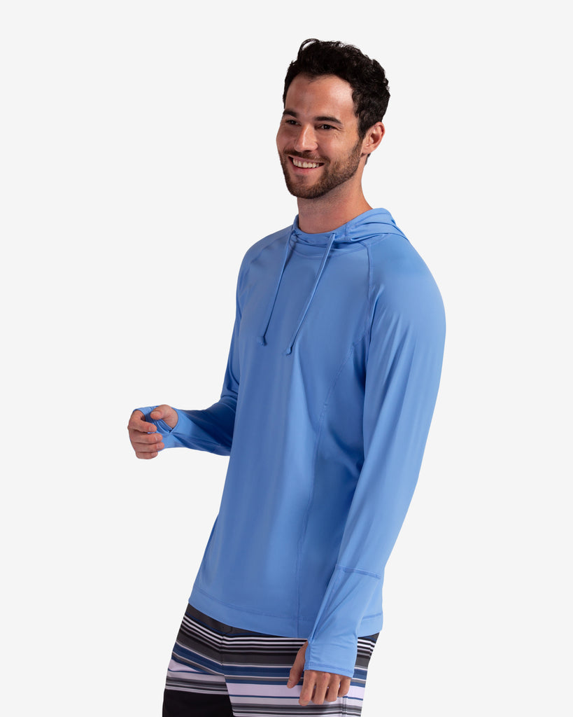Man wearing indigo blue color unisex long sleeve hoodie shirt. (Style 12007) - BloqUV