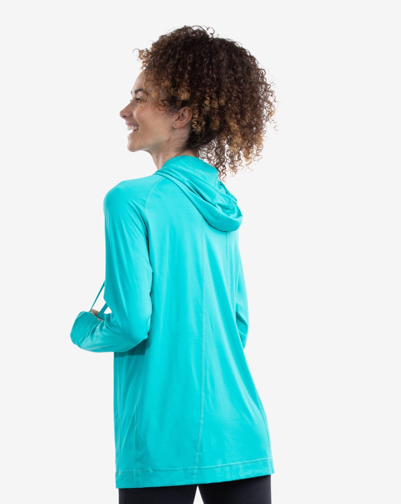 Women wearing caribbean blue color unisex long sleeve hoodie shirt. (Style 12007) - BloqUV