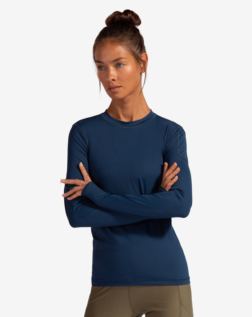 Women wearing navy long sleeve 24/7 shirt with tights. (Style 2001) - BloqUV 24/7 TRENDING (2001) - BloqUV