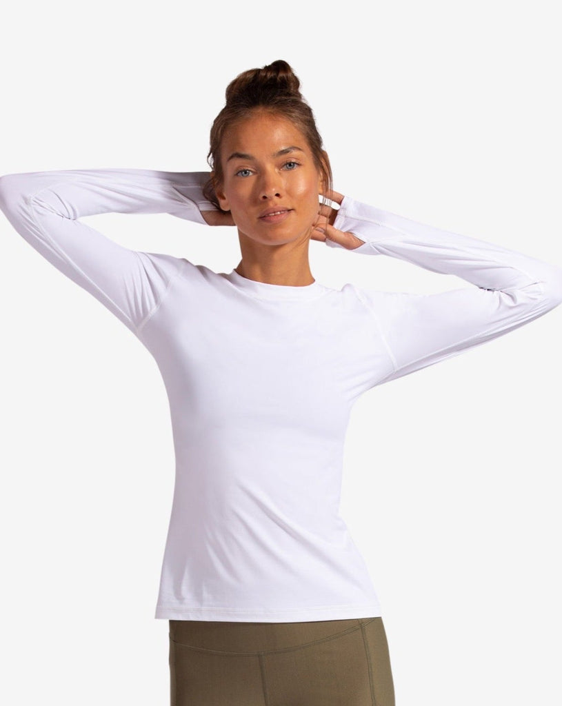 Women wearing white long sleeve 24/7 shirt with leggings. (Style 2001) - BloqUV
