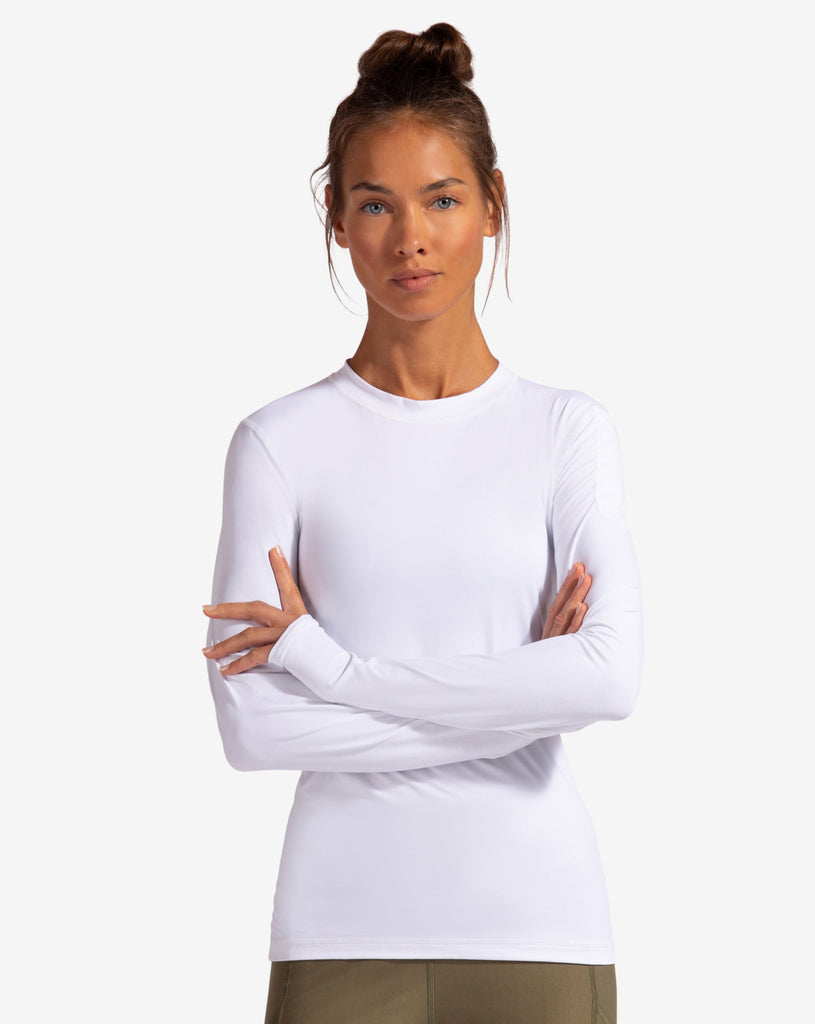 Women wearing white long sleeve 24/7 shirt with leggings. (Style 2001) - BloqUV
