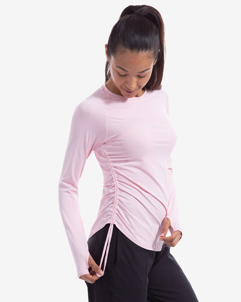 Women wearing tickle me pink long sleeve drawstring crew with black joggers. (Style 2006) - BloqUV