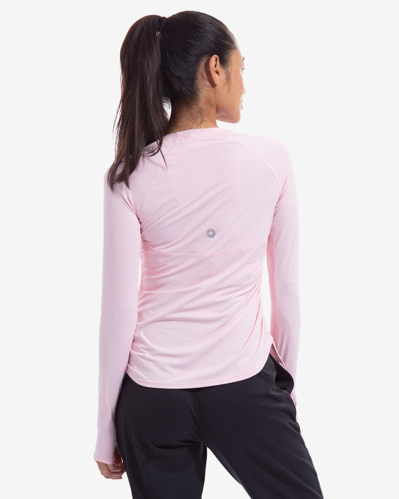 Women wearing tickle me pink long sleeve drawstring crew with black joggers. Picture shows back of shirt. (Style 2006) - BloqUV