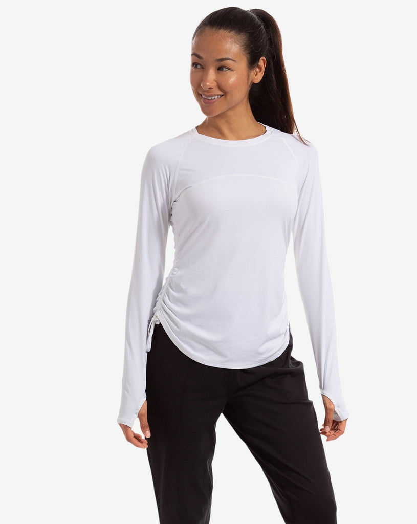 Women wearing white long sleeve drawstring crew with black joggers. (Style 2006) - BloqUV