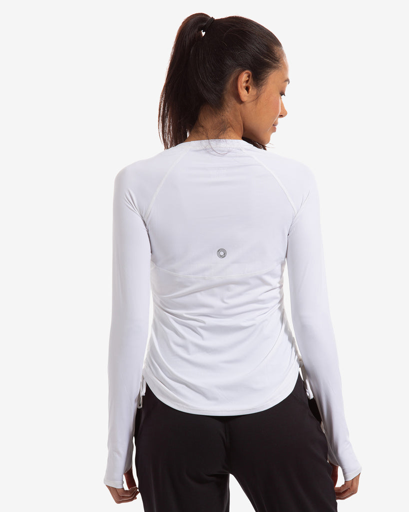 Women wearing white long sleeve drawstring crew with black joggers. Picture shows back of shirt. (Style 2006) - BloqUV