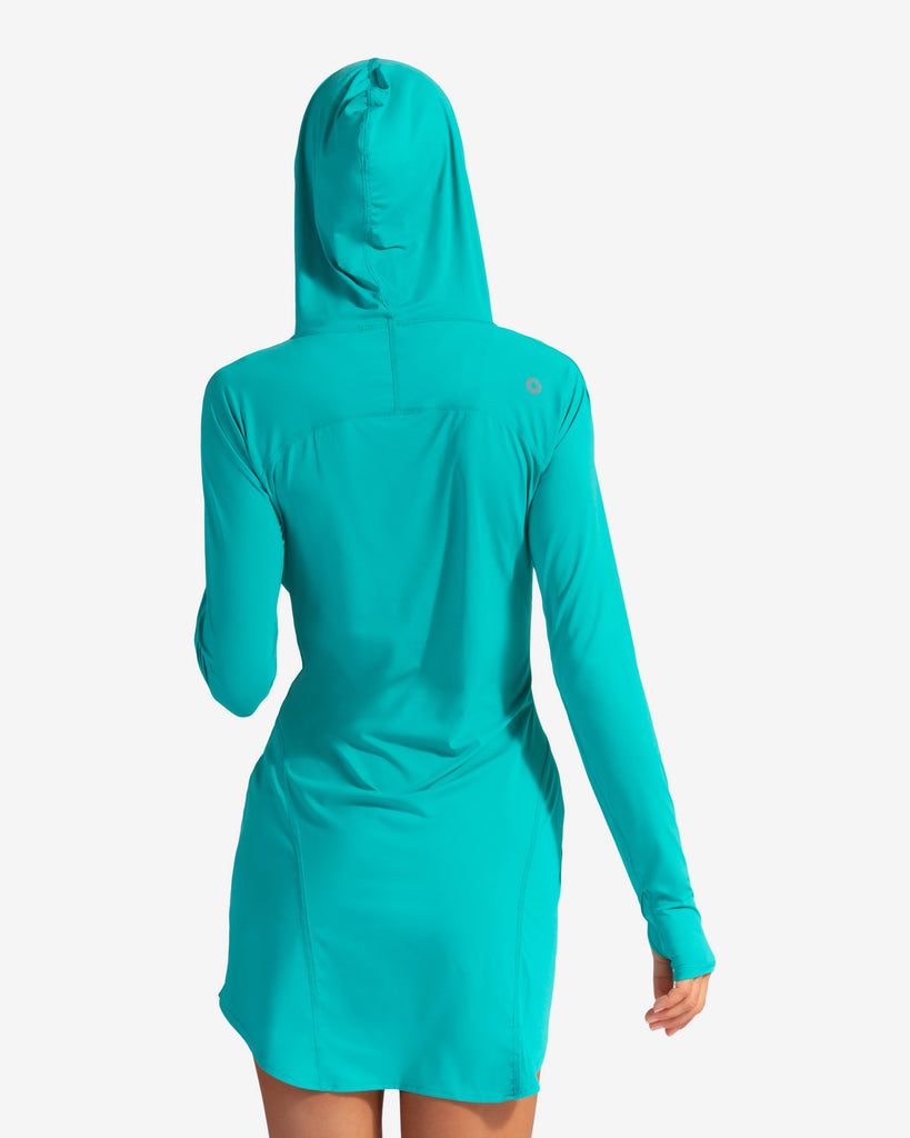Women wearing caribbean blue hoodie dress. Picture shows back of dress. (Style 2009) - BloqUV