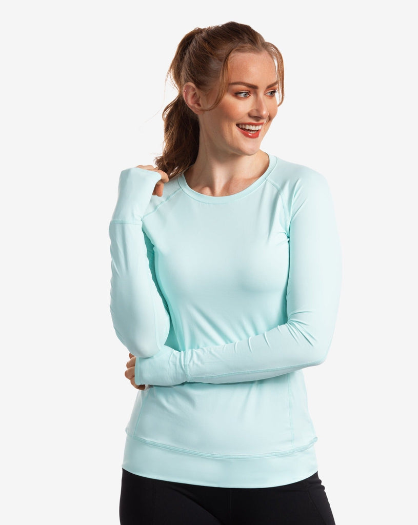 Women wearing mint long sleeve pullover shirt. (Style 2012) - BloqUV
