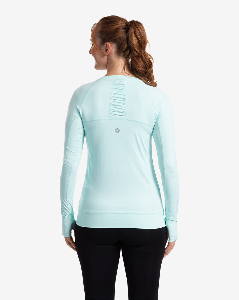 Women wearing mint long sleeve pullover shirt. Back of shirt shown. (Style 2012) - BloqUV