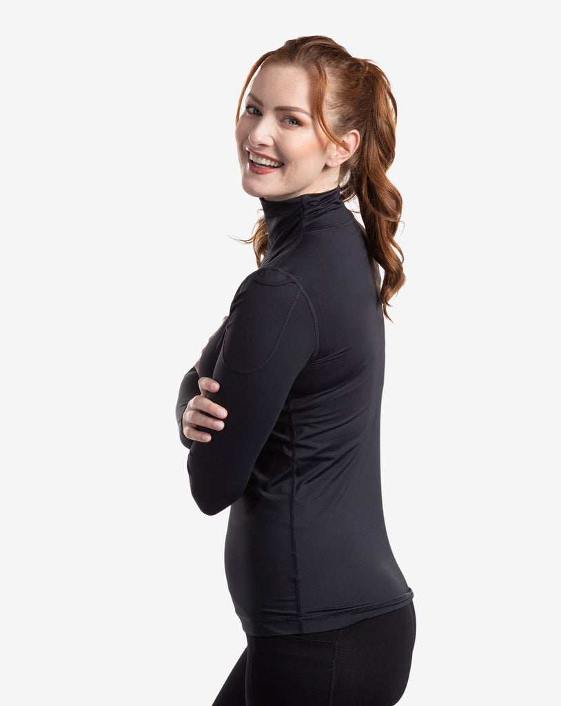 Women wearing black turtle neck top with black tights. Sleeve pocket on sleeve shown.(Style 2013) - BloqUV