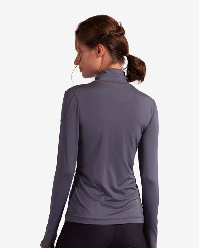 Women wearing smoke turtle neck top with tights. Picture shows back of shirt. (Style 2013) - BloqUV