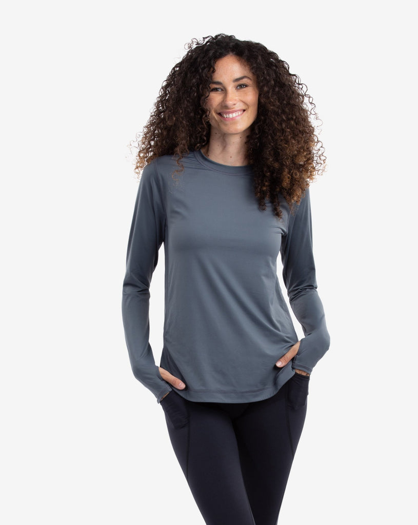 Women wearing smoke relaxed scallop top with black tights. (Style 2015) - BloqUV