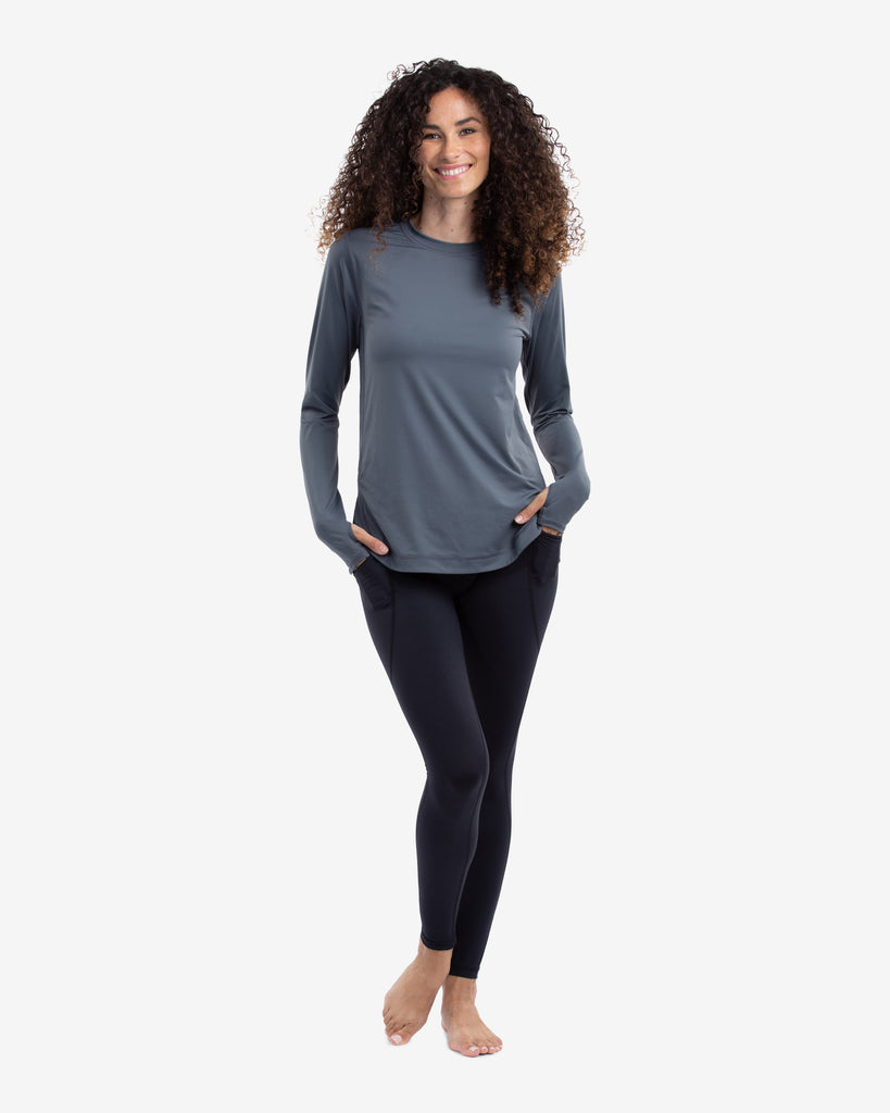 Women wearing smoke relaxed scallop top with black tights. (Style 2015) - BloqUV