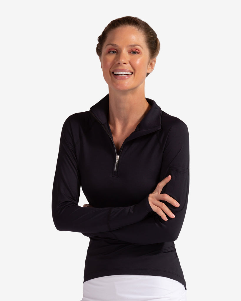Women wearing black mock zip long sleeve top. (Style 3001) - BloqUV