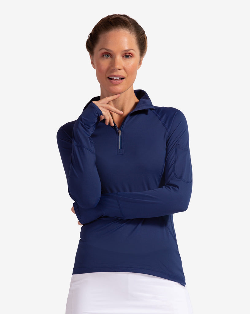 Women wearing navy mock zip long sleeve top. (Style 3001) - BloqUV