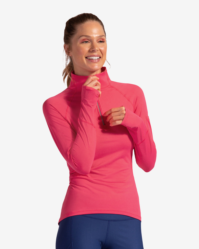 Women wearing watermelon mock zip long sleeve top with navy tights. (Style 3001) - BloqUV