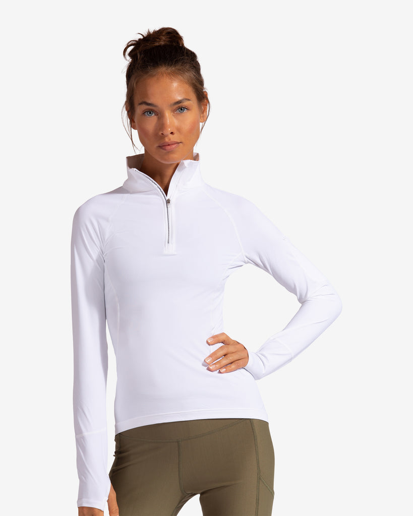 Women wearing white mock zip long sleeve top with tights. (Style 3001) - BloqUV