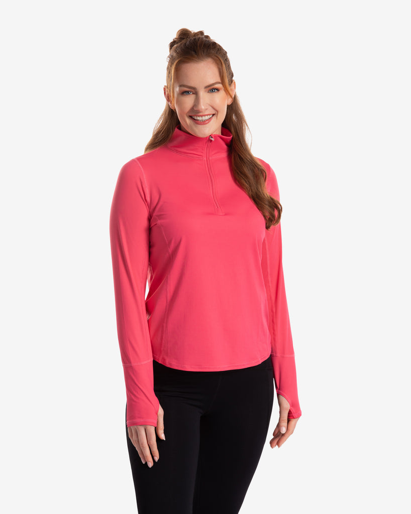 Women wearing watermelon relaxed mock zip top with black leggings. (Style 3002) - BloqUV