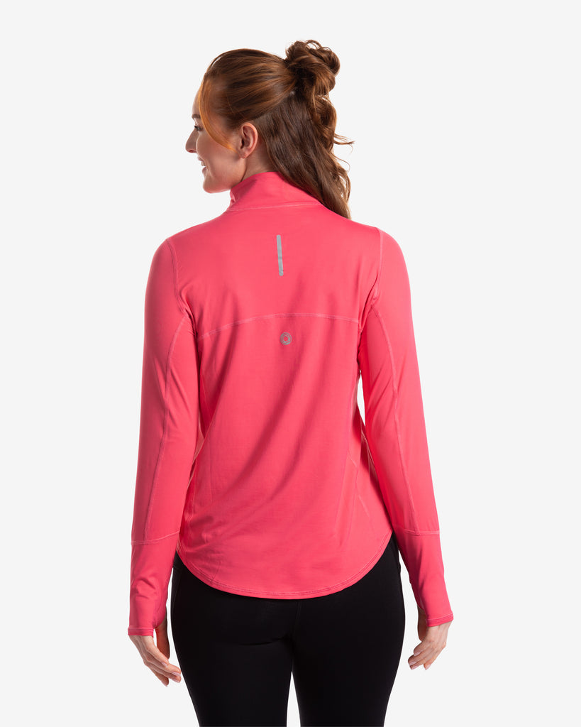Women wearing watermelon relaxed mock zip top with black leggings. Picture shows back of shirt. (Style 3002) - BloqUV