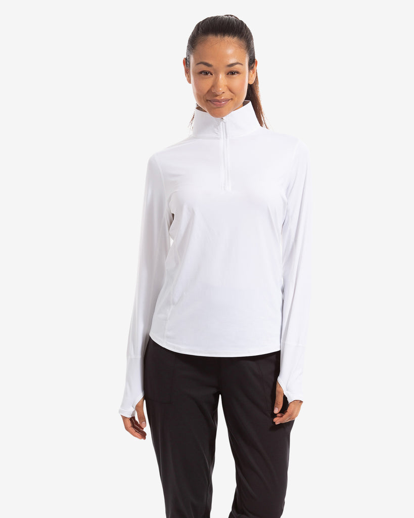 Women wearing white relaxed mock zip top with black joggers. (Style 3002) - BloqUV