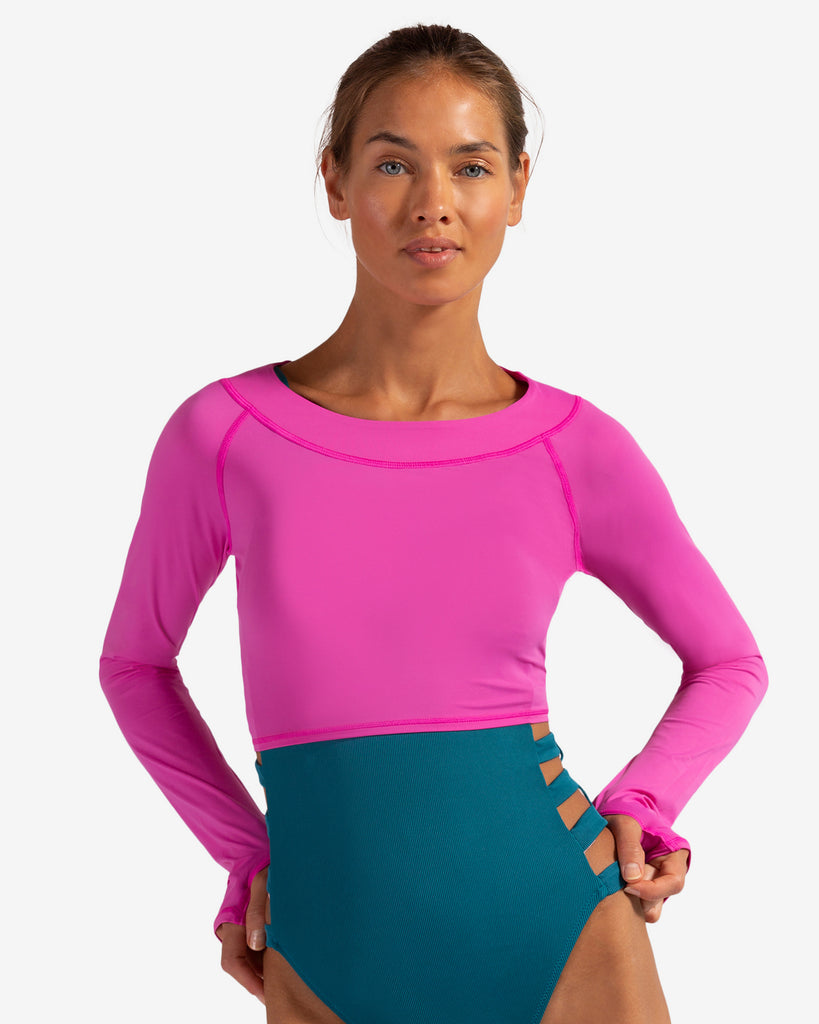Women wearing bubble gum crop top with swimsuit underneath. (Style 4001) - BloqUV