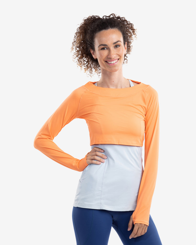 Women wearing tangerine crop top and soft grey tank top underneath. (Style 3002) - BloqUV