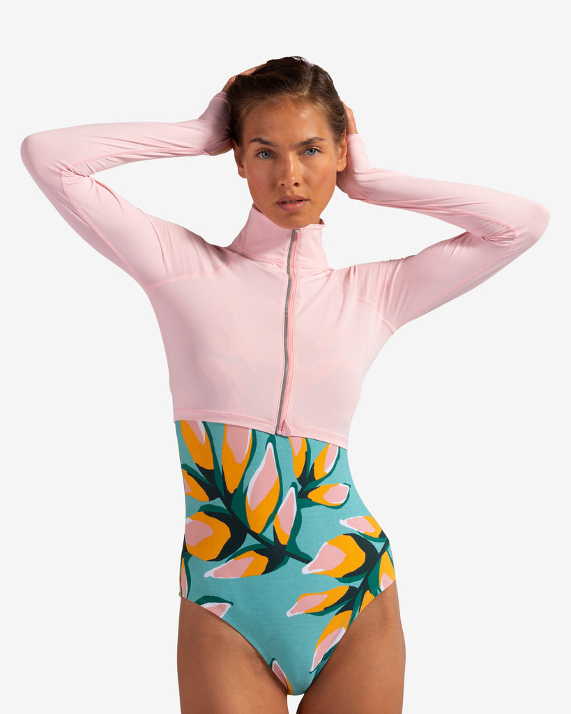Women wearing tickle me pink full zip crop top with one piece swimsuit (Style 4010) - BloqUV