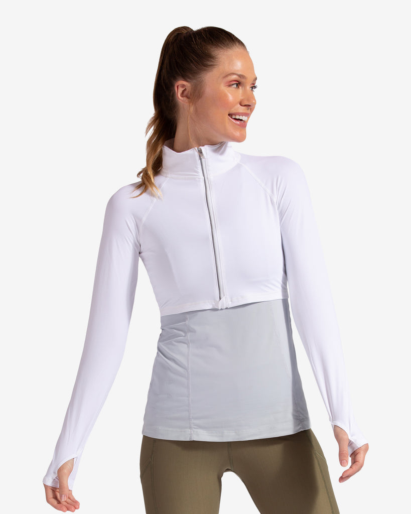 Women wearing white full zip crop top over tank top with leggings. (Style 4010) - BloqUV
